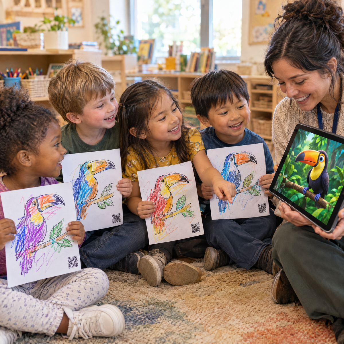 Daycare teacher showing preschoolers an animated toucan video on a tablet while they hold their colored printable toucan coloring pages