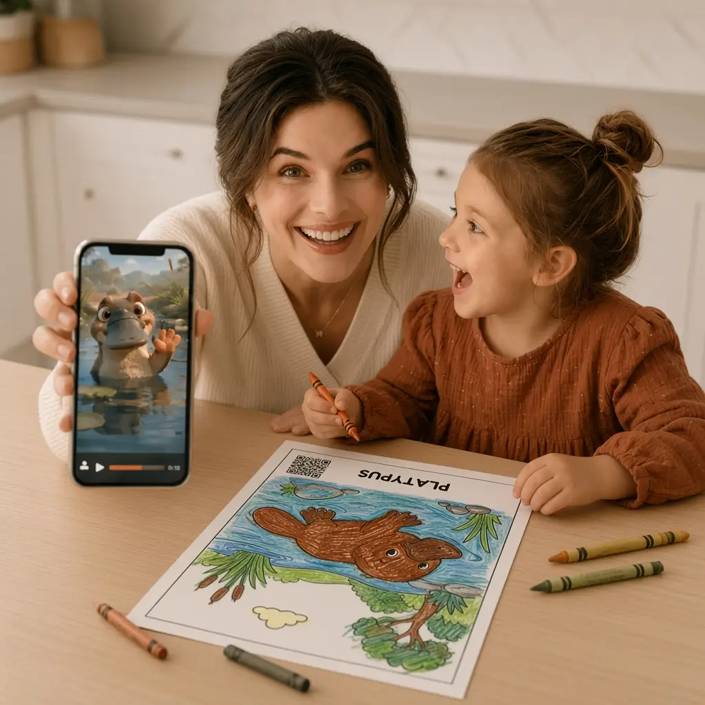 A mom and daughter coloring together at the kitchen table, holding up a phone showing the animated character reveal