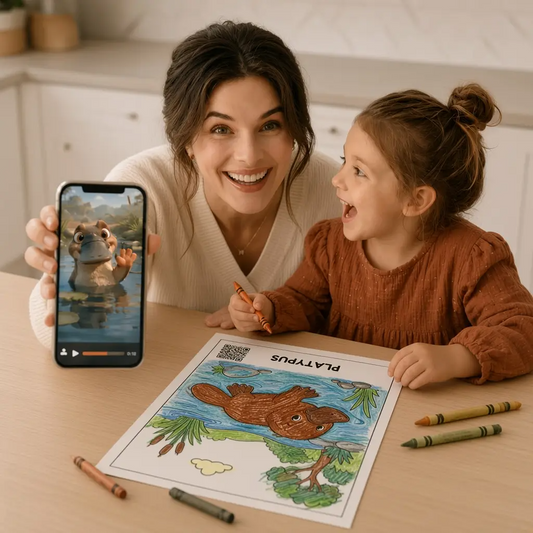 A mom and daughter coloring together at the kitchen table, holding up a phone showing the animated character reveal