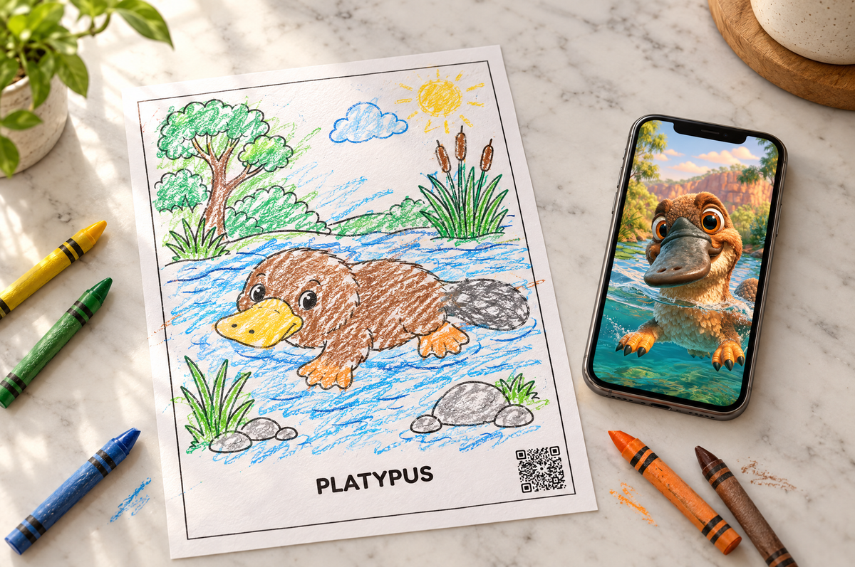 A child's crayon-colored coloring page with a QR code in the corner, next to a phone playing the animated character