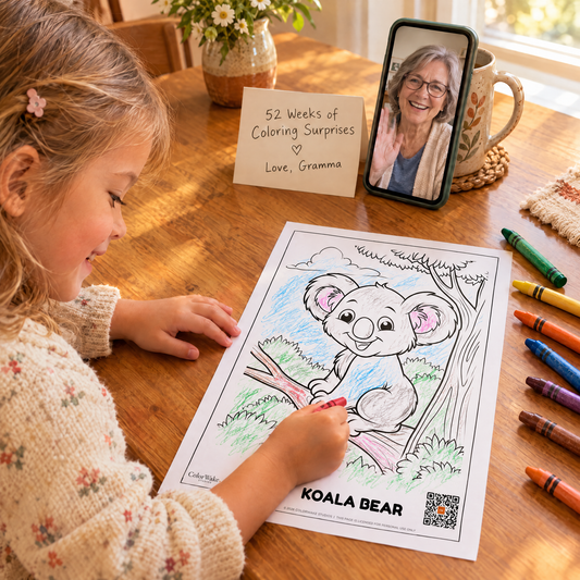 Girl coloring a printable koala coloring page while her grandmother waves on a video call, next to a gift card reading 52 Weeks of Coloring Surprises, Love Gramma